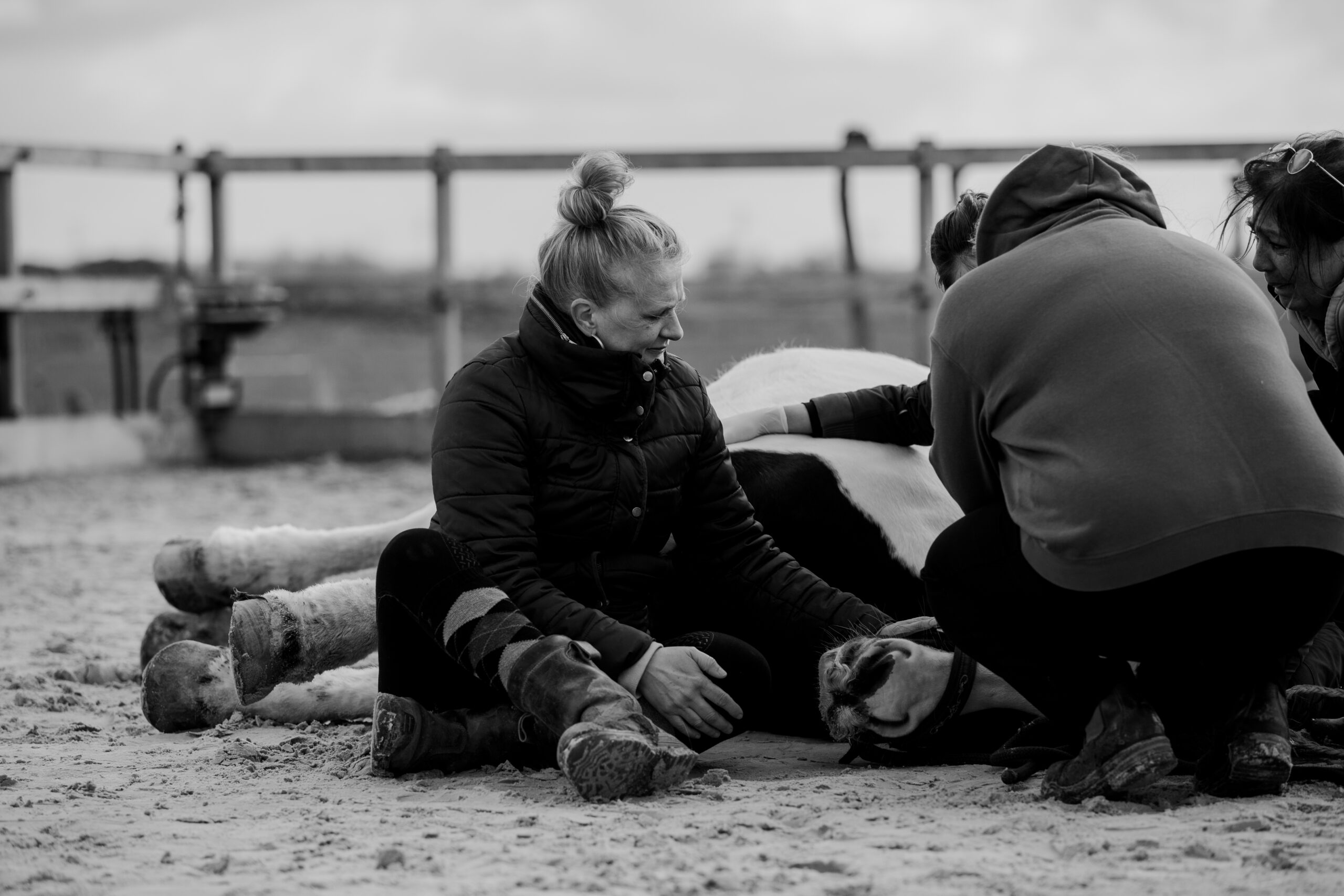 Zwart Wit foto Mirjam zit bij Sterre die net is geëuthanaseerd.